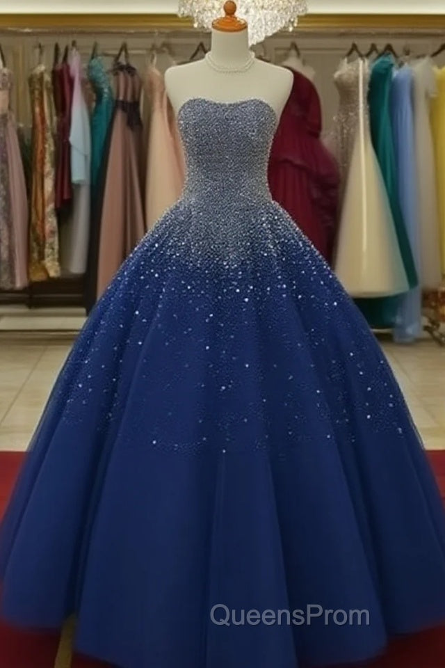 Sparkly Beaded Strapless Navy Blue Ball Gown Evening Prom Dress Main image