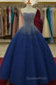 Sparkly Beaded Strapless Navy Blue Ball Gown Evening Prom Dress