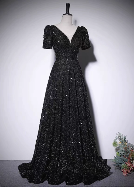 Sparkly Black A-Line V-Neck Short Sleeve Sequin Long Classy Prom Dress Secondary image