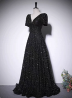 Sparkly Black A-Line V-Neck Short Sleeve Sequin Long Classy Prom Dress