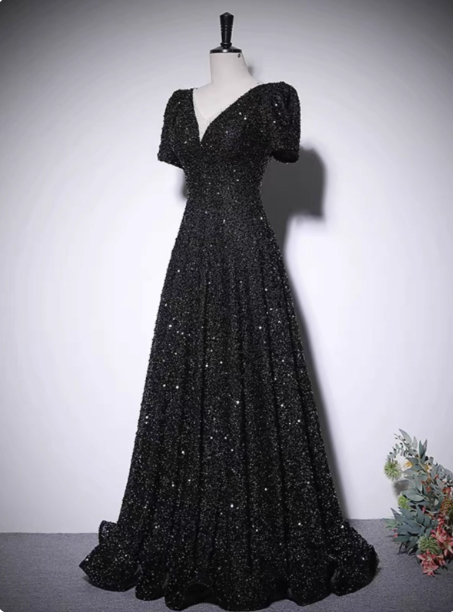 Sparkly Black A-Line V-Neck Short Sleeve Sequin Long Classy Prom Dress