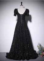 Sparkly Black A-Line V-Neck Short Sleeve Sequin Long Classy Prom Dress