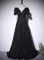Sparkly Black A-Line V-Neck Short Sleeve Sequin Long Classy Prom Dress