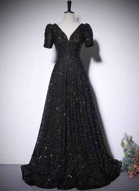 Sparkly Black A-Line V-Neck Short Sleeve Sequin Long Classy Prom Dress