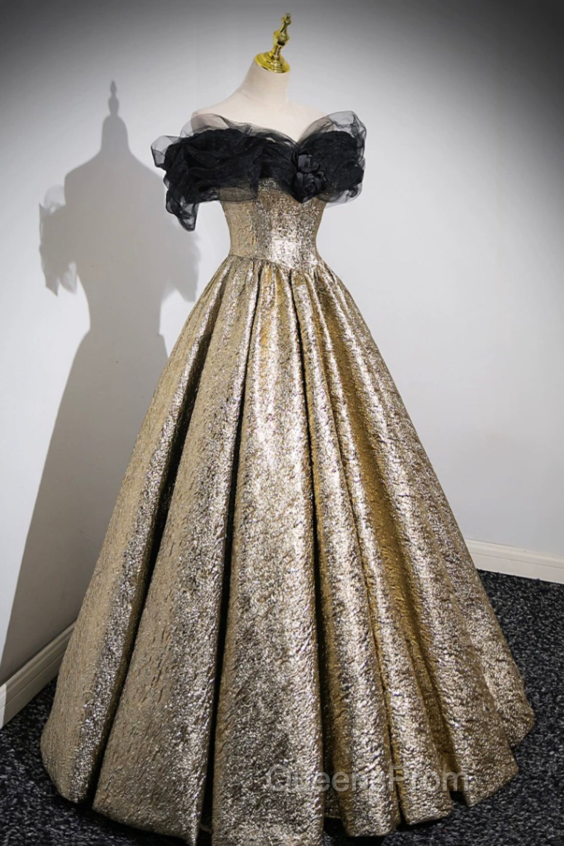 Sparkly Black And Gold Glitter Evening Prom Dress Ball Gown, Off The Shoulder Evening Party Dress Secondary image