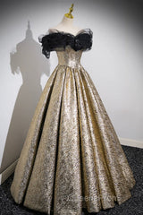 Sparkly Black And Gold Glitter Evening Prom Dress Ball Gown, Off The Shoulder Evening Party Dress