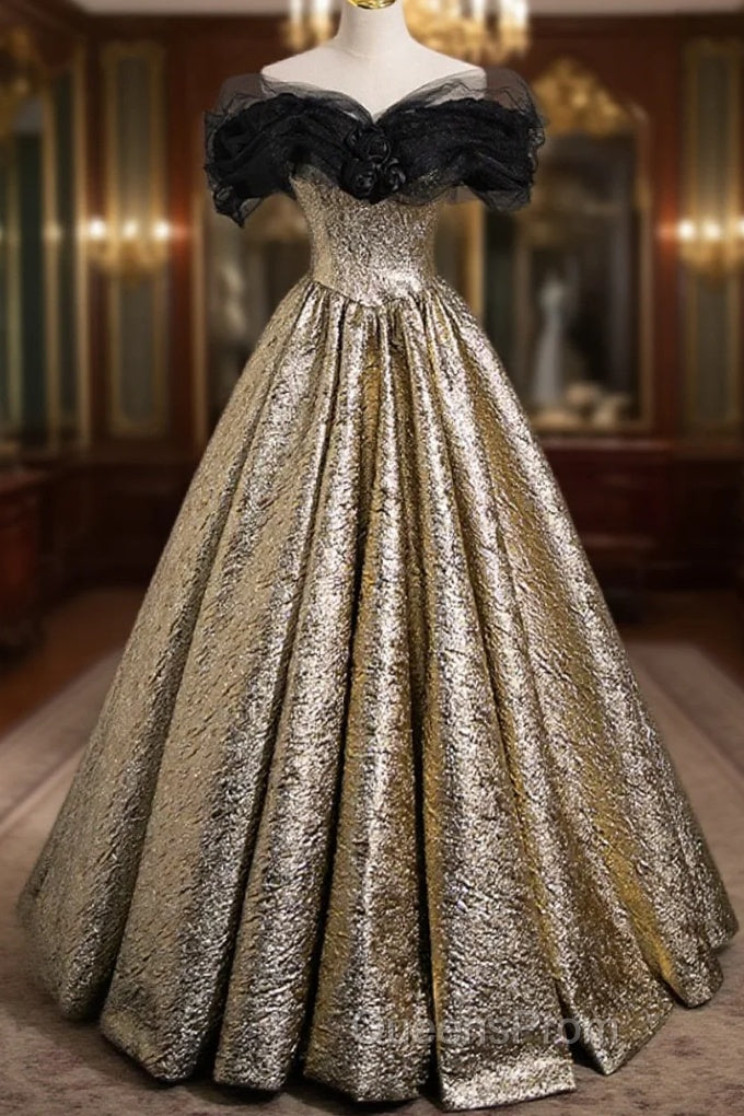 Sparkly Black And Gold Glitter Evening Prom Dress Ball Gown, Off The Shoulder Evening Party Dress Main image