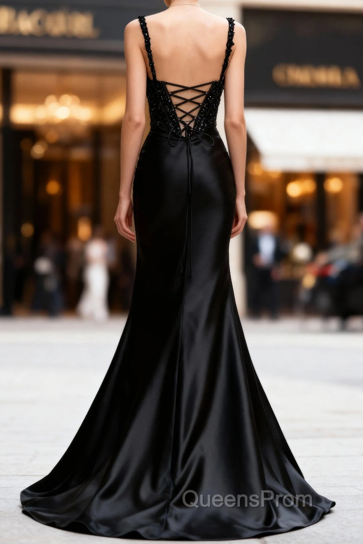 Sparkly Black Floral Spaghetti Straps Mermaid Long Evening Prom Dress with Slit Secondary image