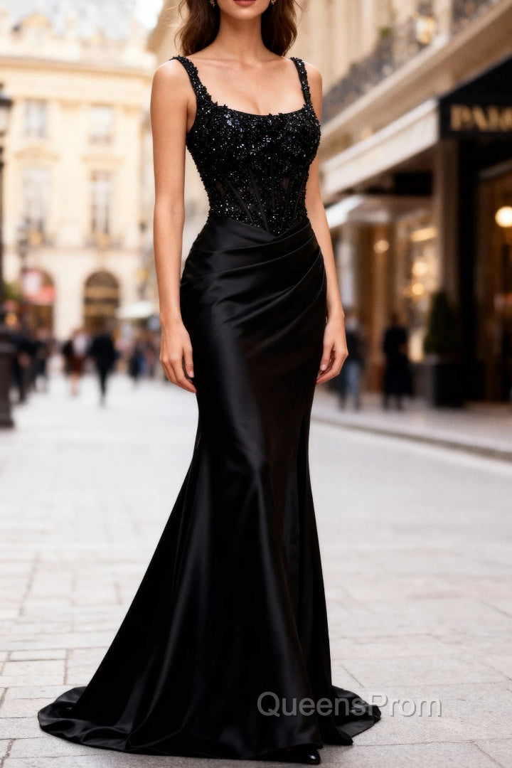 Sparkly Black Floral Spaghetti Straps Mermaid Long Evening Prom Dress with Slit Main image