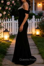 Sparkly Black Mermaid Cold Shoulder Sequined Ruched Satin Long Prom Dress