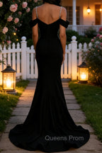 Sparkly Black Mermaid Cold Shoulder Sequined Ruched Satin Long Prom Dress