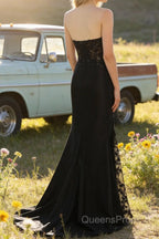 Sparkly Black Mermaid Strapless Corset Appliques Long Prom Dress with Slit
