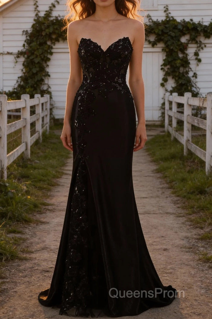 Sparkly Black Mermaid Strapless Corset Appliques Long Prom Dress with Slit