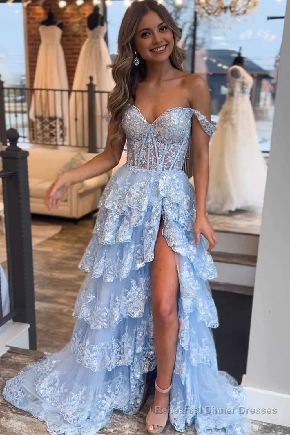 Sparkly Black Off The Shoulder Tiered Corset Prom Dress Secondary image