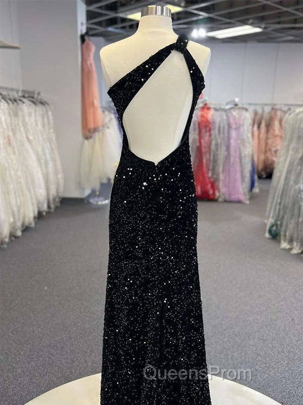 Sparkly Black One Shoulder Side Slit Evening Prom Dress,