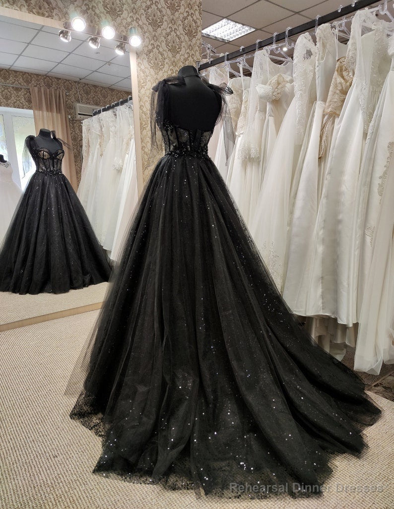 Sparkly black prom dress night corset neckline fairy tale tulle princess bride bridal gothic dark queen night alternative bride Secondary image