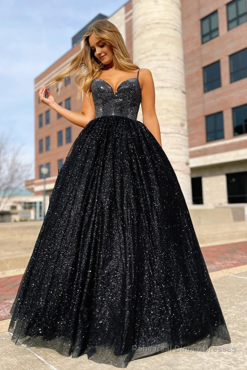 Sparkly Black Spaghetti Straps A-Line Prom Dress Main image