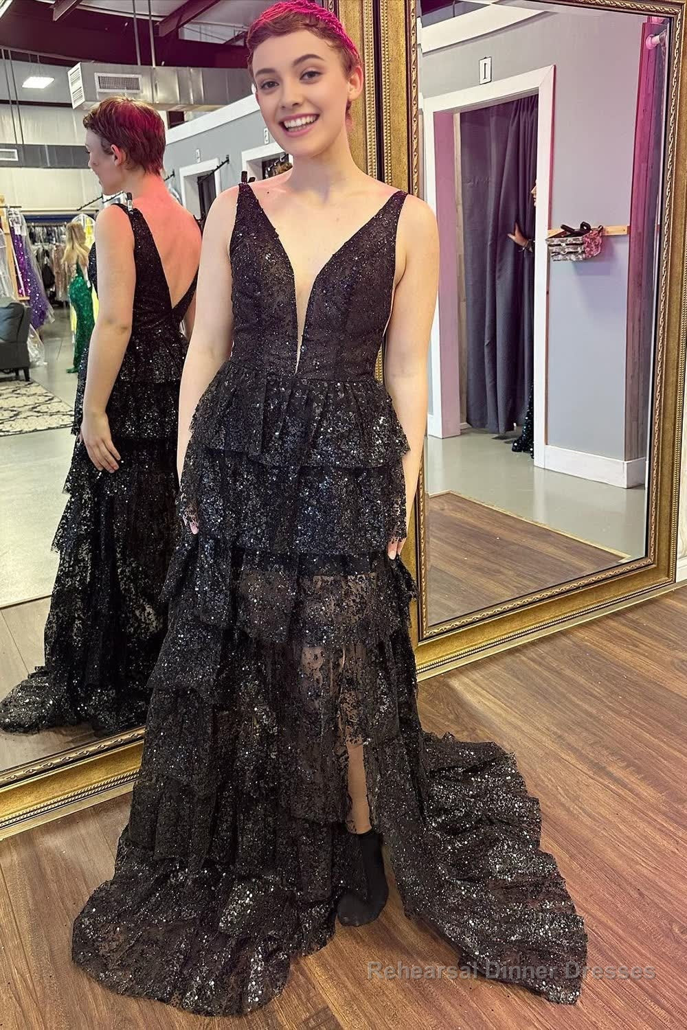Sparkly Black Tiered Long Prom Dress with Slit Main image