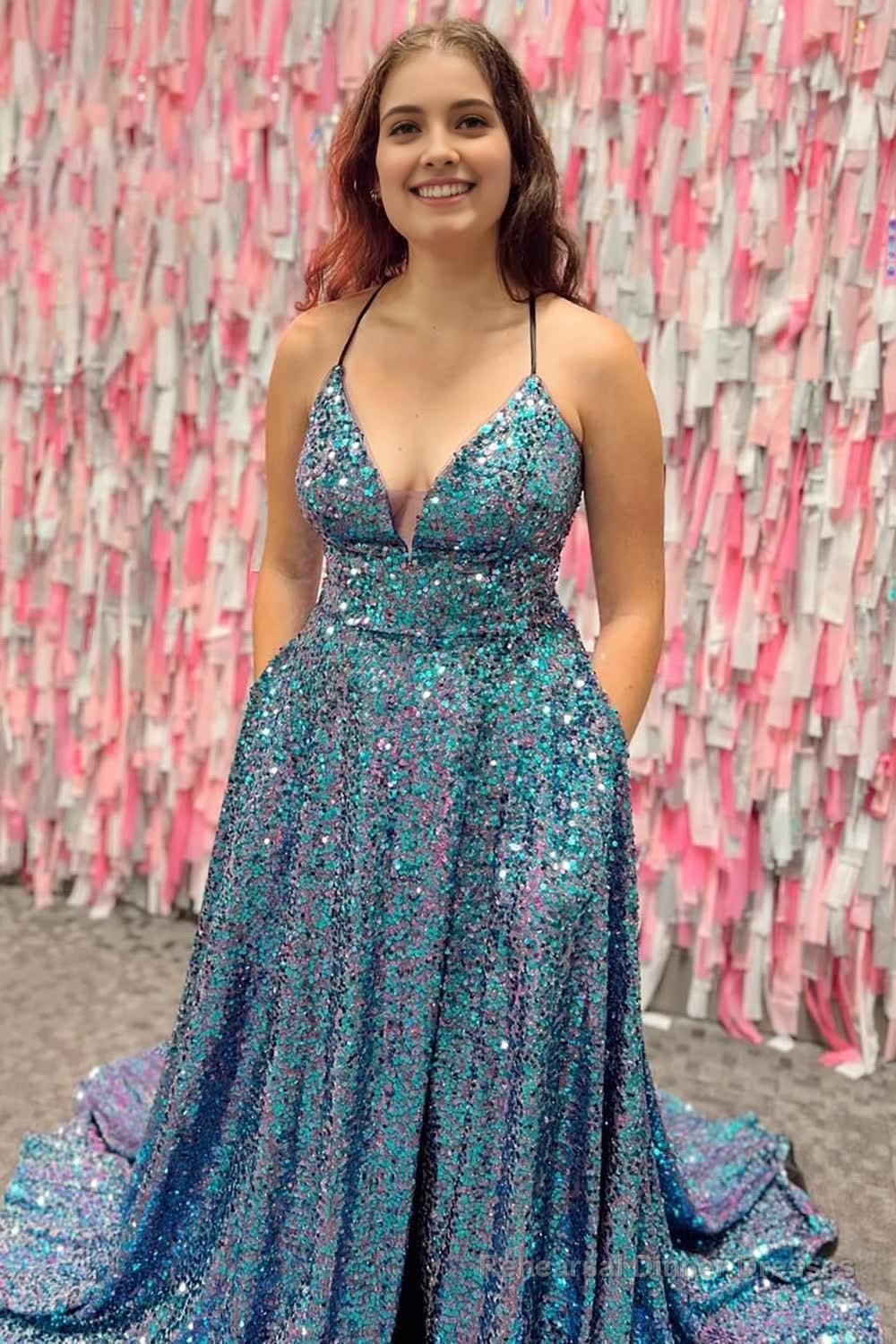 Sparkly Blue A-Line Sequins Long Prom Dress with Pockets Main image