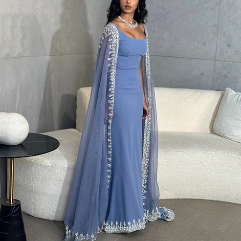 Sparkly Blue Classy Evening Dress Cape Long Mermaid Classy Prom Dress Classy Evening Dress Wedding Dress