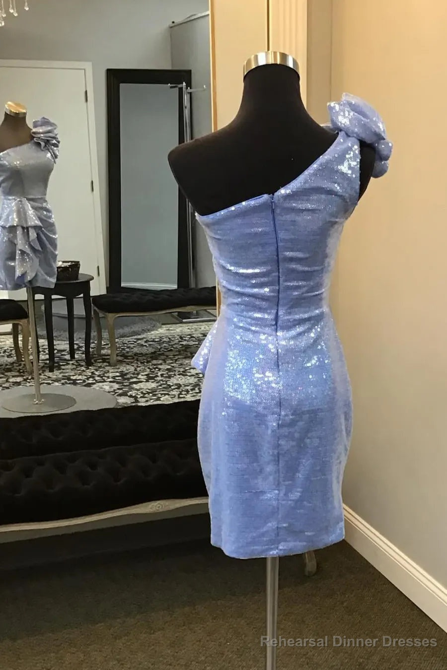 Sparkly Blue One Shoulder Sequins Bodycon Short Homecoming Dress with Ruffles Secondary image