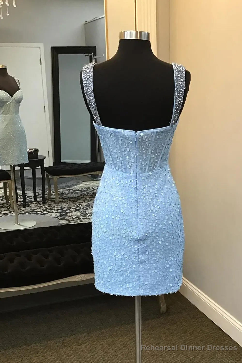 Sparkly Blue Spaghetti Straps Sequins Bodycon Short Corset Homecoming Dress Secondary image