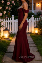 Sparkly Burgundy Mermaid Cold Shoulder Sequined Ruched Satin Long Prom Dress