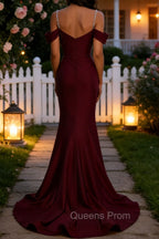 Sparkly Burgundy Mermaid Cold Shoulder Sequined Ruched Satin Long Prom Dress