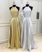 Sparkly Crystal Beaded Halter Long Satin Open Back Evening Prom Dress