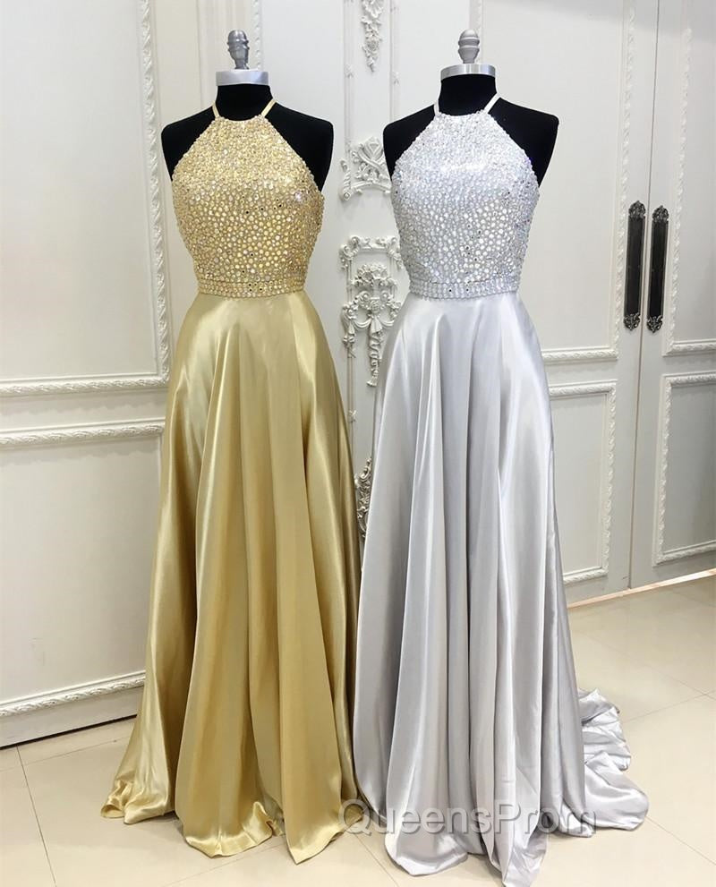 Sparkly Crystal Beaded Halter Long Satin Open Back Evening Prom Dress