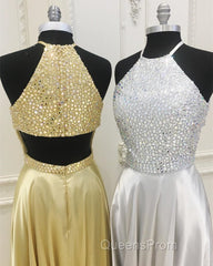 Sparkly Crystal Beaded Halter Long Satin Open Back Evening Prom Dress