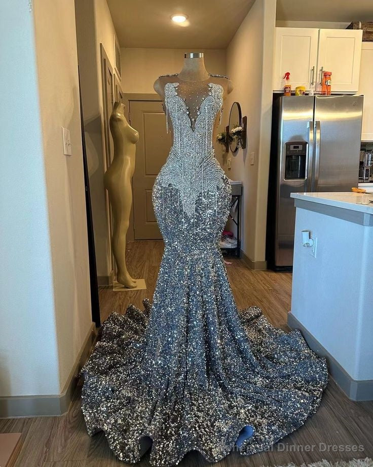 Sparkly Crystal Mermaid Prom Dresses Beaded Sequins Tight Formal Evening Dresses Tassel Party Dresses For Women Main image