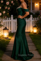 Sparkly Dark Green Mermaid Cold Shoulder Sequined Ruched Satin Long Prom Dress