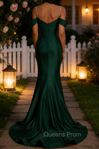 Sparkly Dark Green Mermaid Cold Shoulder Sequined Ruched Satin Long Prom Dress