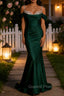 Sparkly Dark Green Mermaid Cold Shoulder Sequined Ruched Satin Long Prom Dress