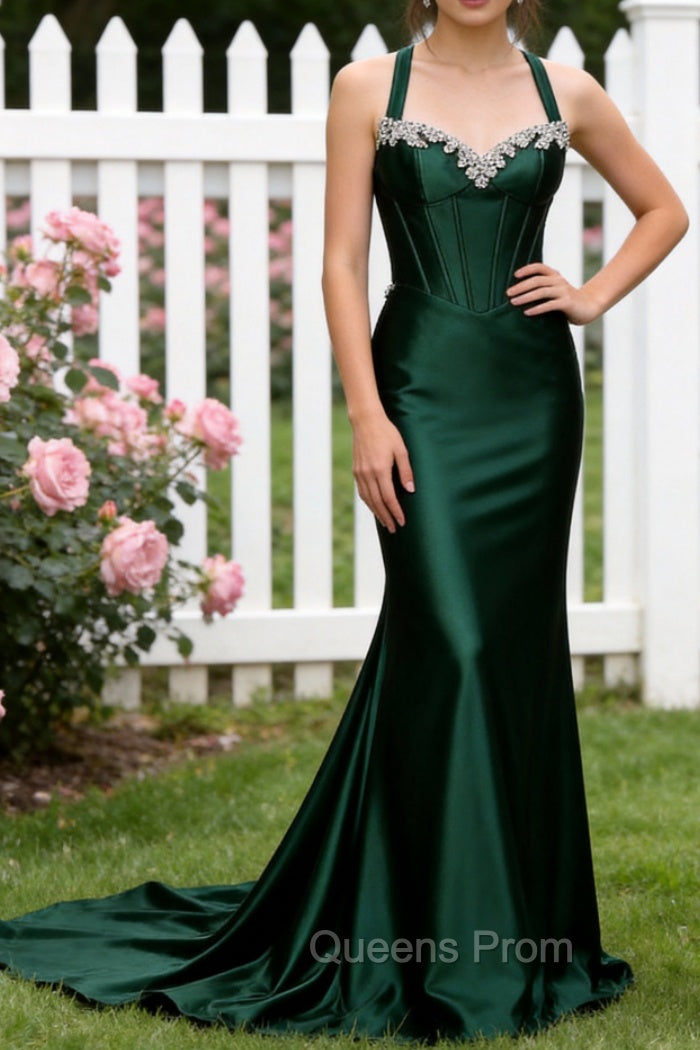 Sparkly Dark Green Mermaid Halter Corset Sequin Prom Dress