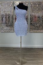 Sparkly Dark Purple Open Back One Shoulder Sequins Tight Homecoming Dress