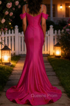 Sparkly Fuchsia Mermaid Cold Shoulder Sequined Ruched Satin Long Prom Dress