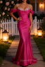 Sparkly Fuchsia Mermaid Cold Shoulder Sequined Ruched Satin Long Prom Dress