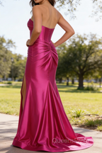 Sparkly Fuchsia Mermaid Sweetheart Corset Long Prom Dress with Slit