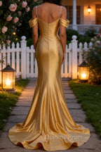 Sparkly Golden Mermaid Cold Shoulder Sequined Ruched Satin Long Prom Dress