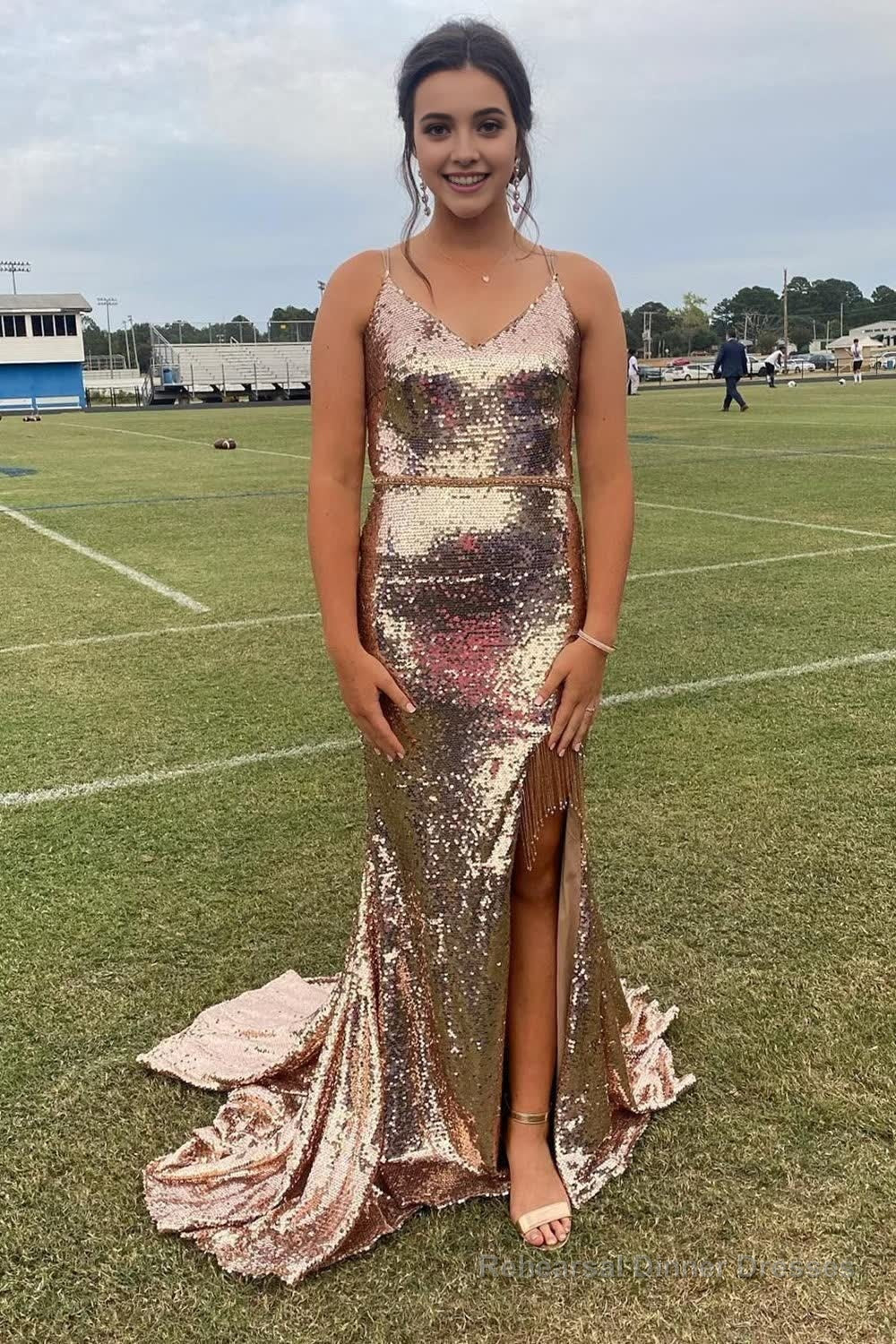 Sparkly Golden Sequins Mermaid Long Prom Dress with Fringes Main image