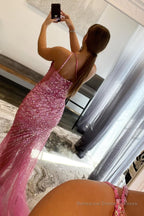 Sparkly Grey Blue Beaded One Shoulder Long Prom Dress with Slit
