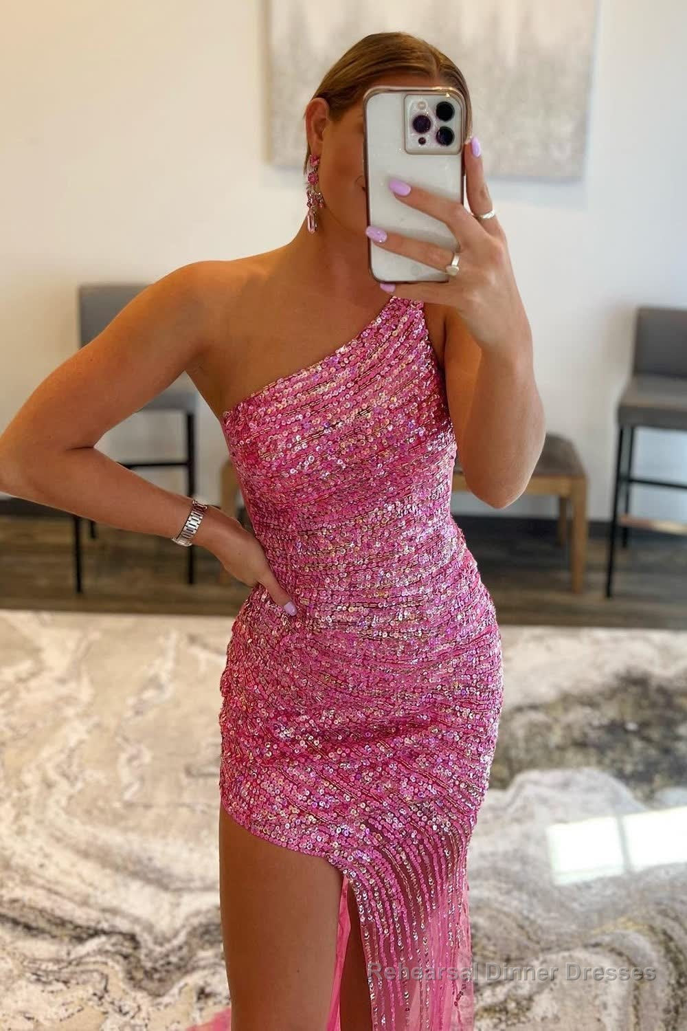 Sparkly Grey Blue Beaded One Shoulder Long Prom Dress with Slit