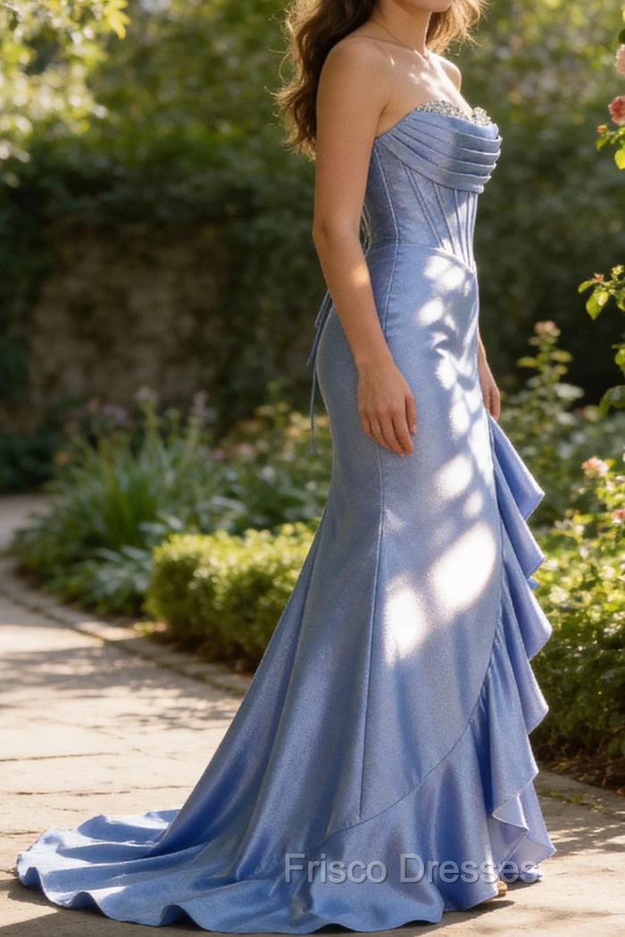 Sparkly Grey Blue Mermaid Strapless Ruffle Corset Satin Long Classy Prom Dress with Slit