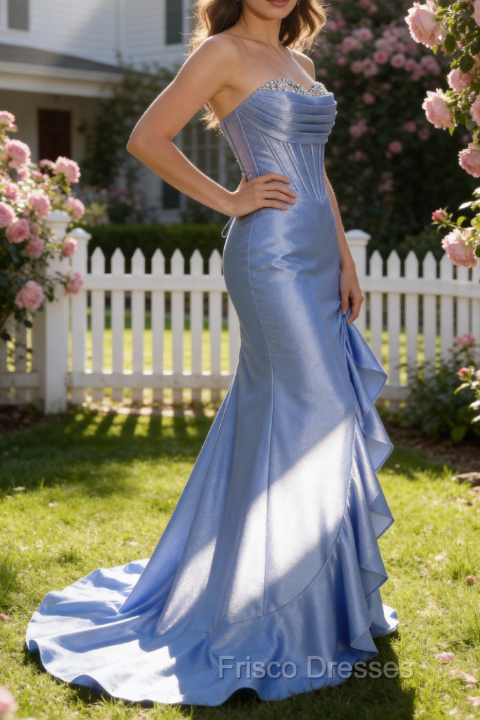 Sparkly Grey Blue Mermaid Strapless Ruffle Corset Satin Long Classy Prom Dress with Slit