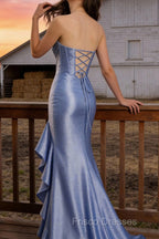 Sparkly Grey Blue Mermaid Strapless Ruffle Corset Satin Long Classy Prom Dress with Slit