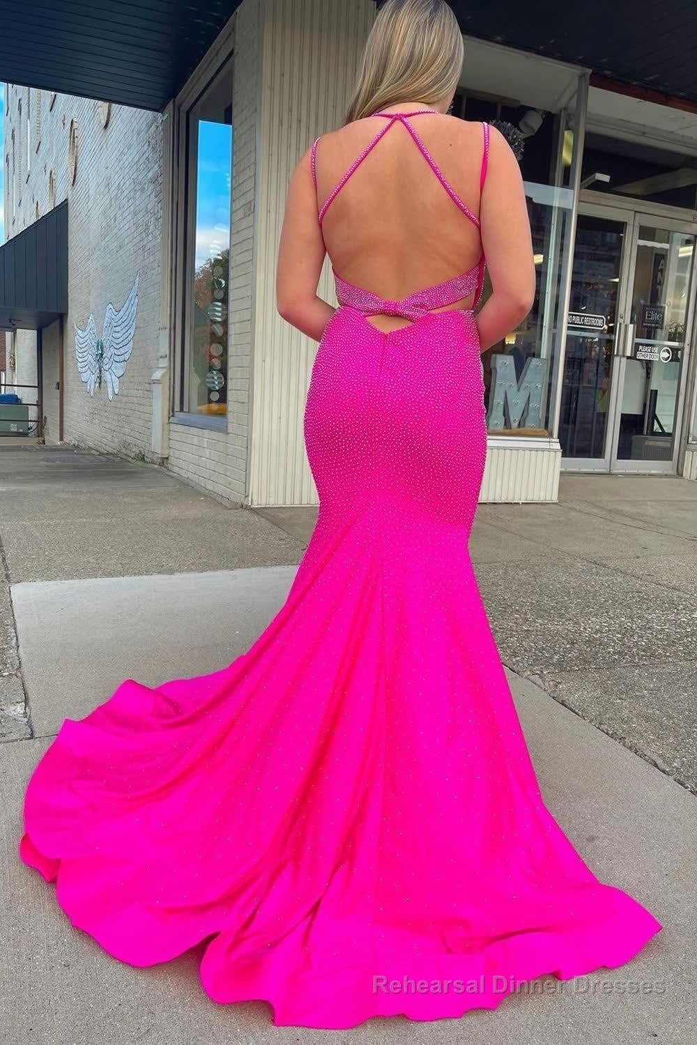Sparkly Hot Pink Mermaid Sequins Open Back Long Prom Dress Secondary image