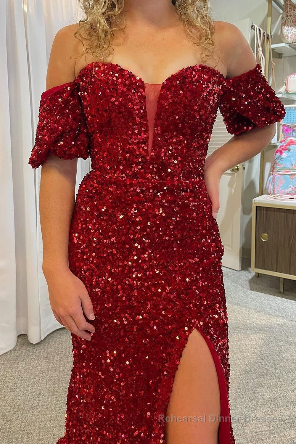Sparkly Hot Pink Sequins Mermaid Long Prom Dress with Slit