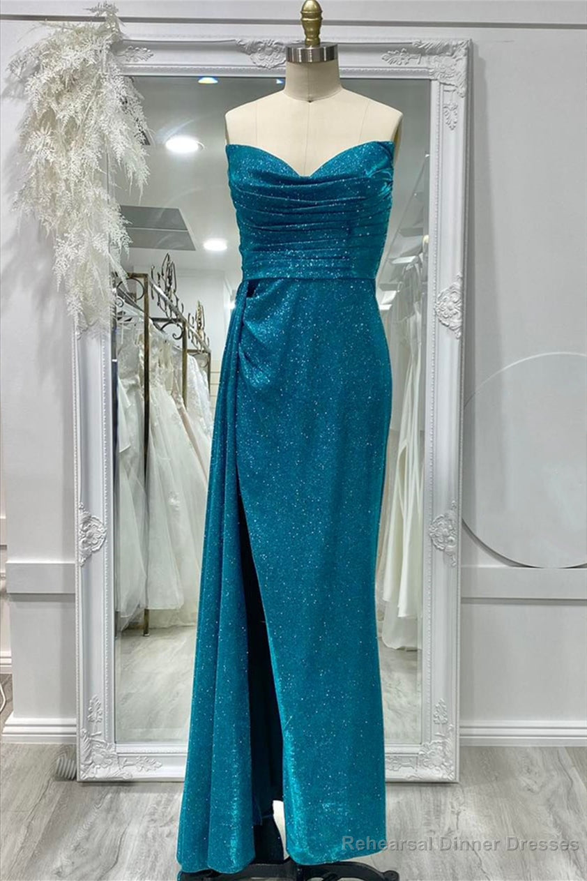 Sparkly Ink Blue Strapless Pleated Long Prom Dress with Slit Main image
